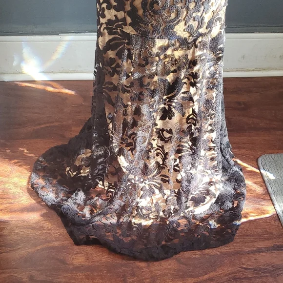 Tadashi Shoji Banded Lace  Black and Tan Maxi Gown with Flutter Cap Slee… - Picture 6 of 12